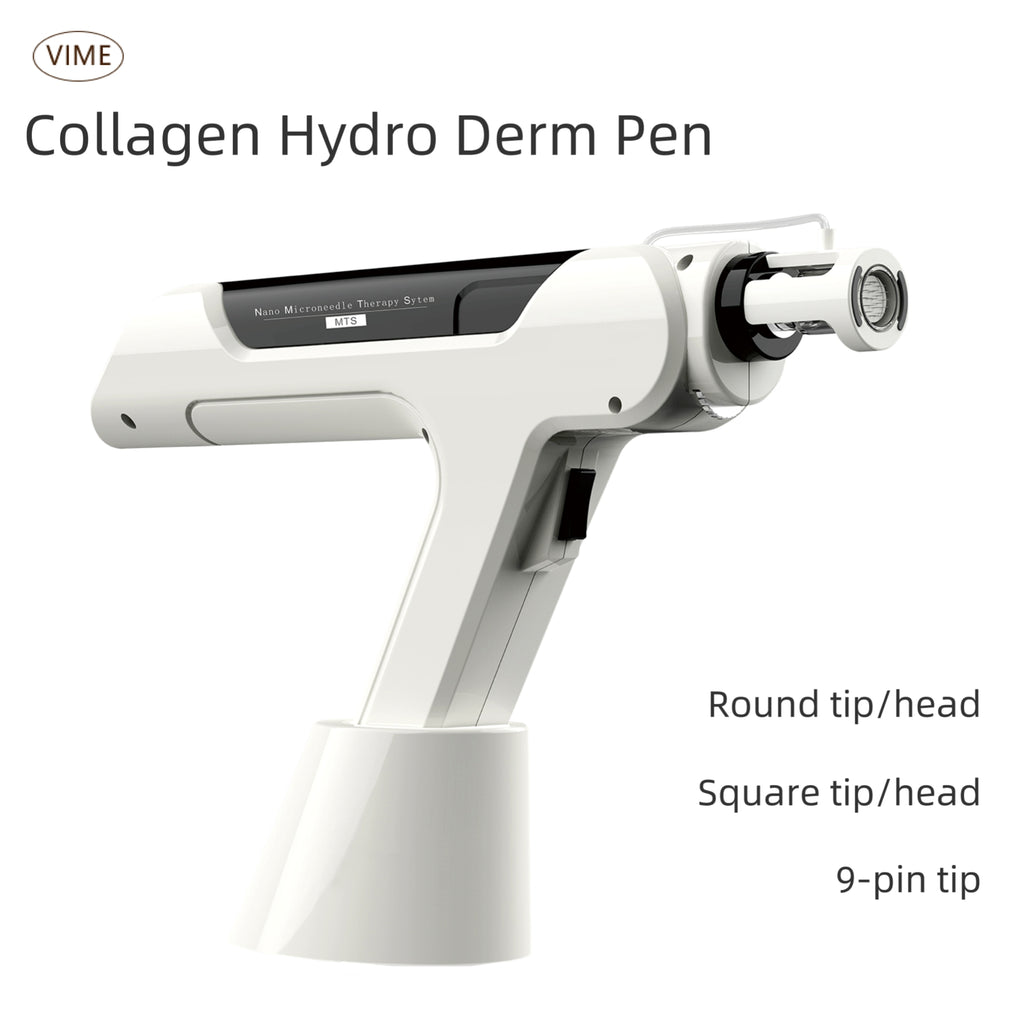 VIME Collagen Hydro Derm Pen – Professional Nano MTS Microneedling Device with 3 Interchangeable Heads (Round, Square, 9-Pin)