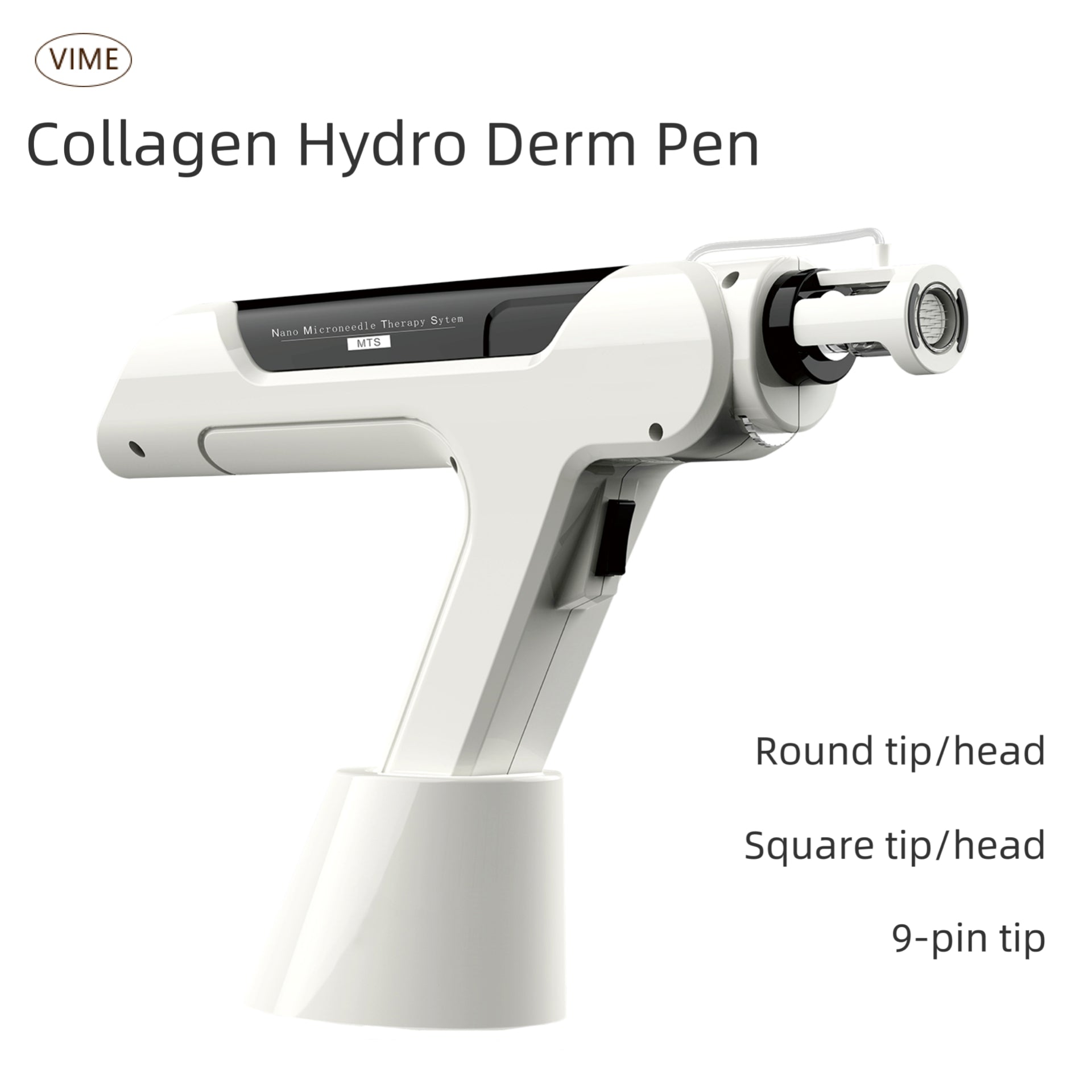 VIME Collagen Hydro Derm Pen – Professional Nano MTS Microneedling Device with 3 Interchangeable Heads (Round, Square, 9-Pin)